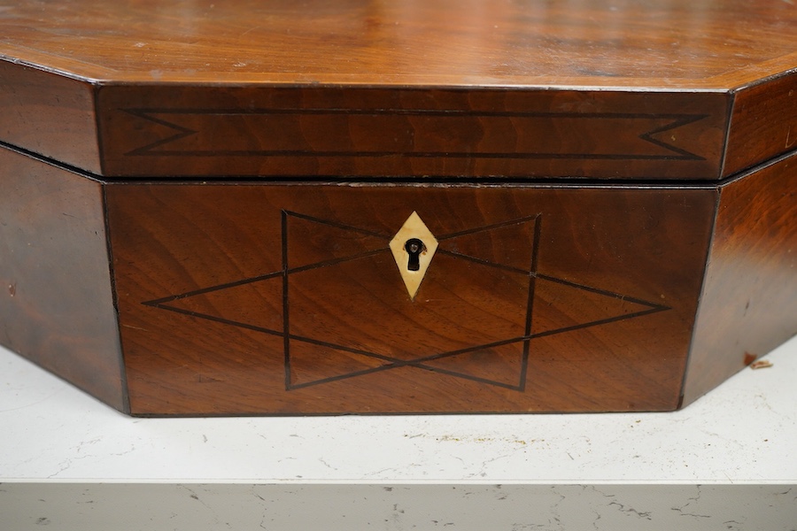 A George III octagonal work box, with various sewing accessories, a candle box and a burr walnut box, largest 35cm wide